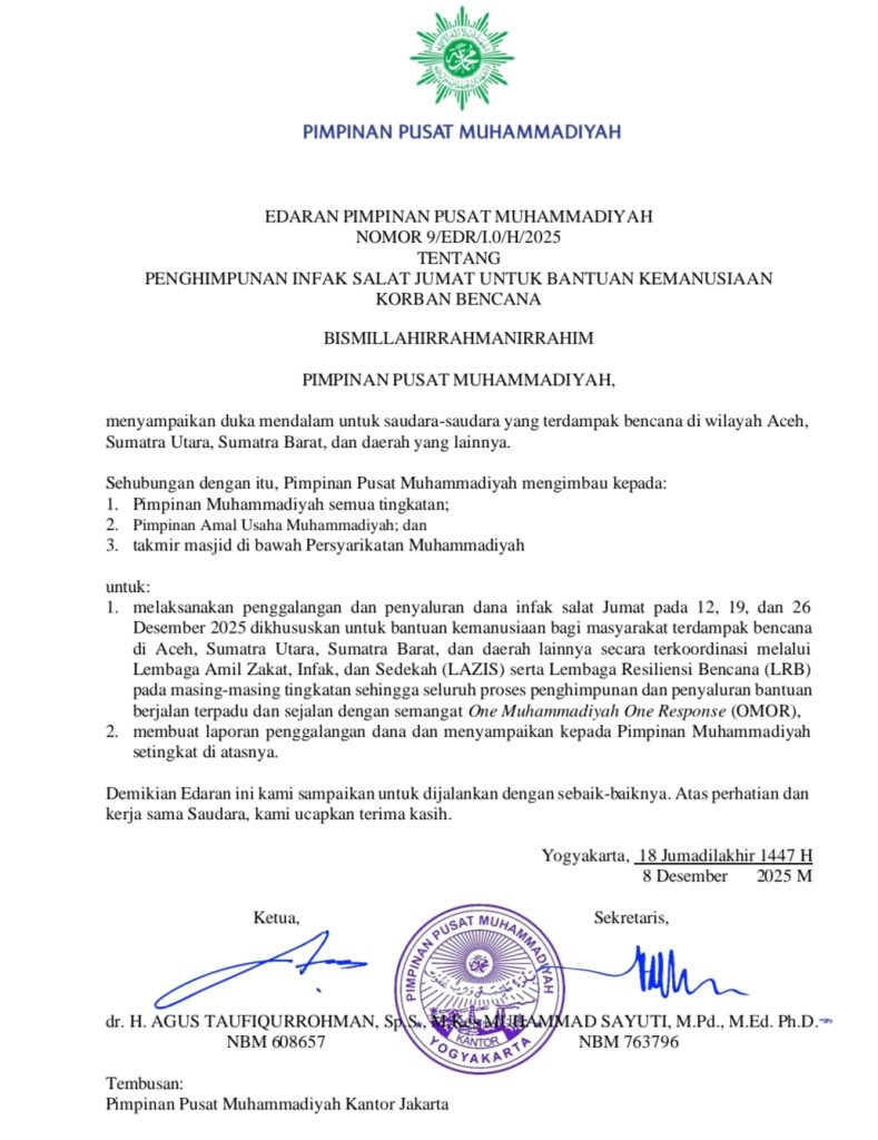 Mulai Hari Ini Muhammadiyah Instruksikan Infak Jumat untuk Bantuan Kemanusiaan Korban Bencana